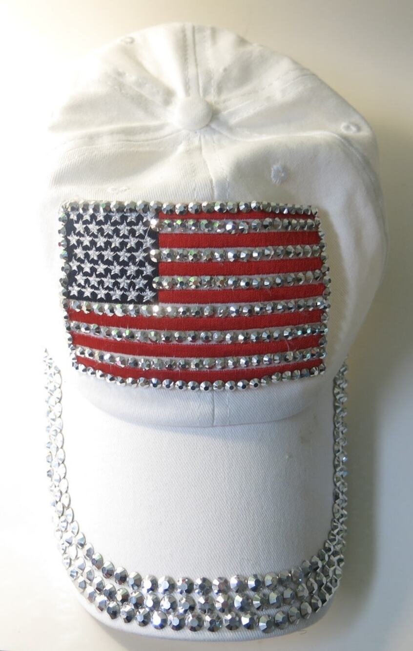 American Flag Rhinestone Baseball Hat Adjustable USA White Patriotic Bling
